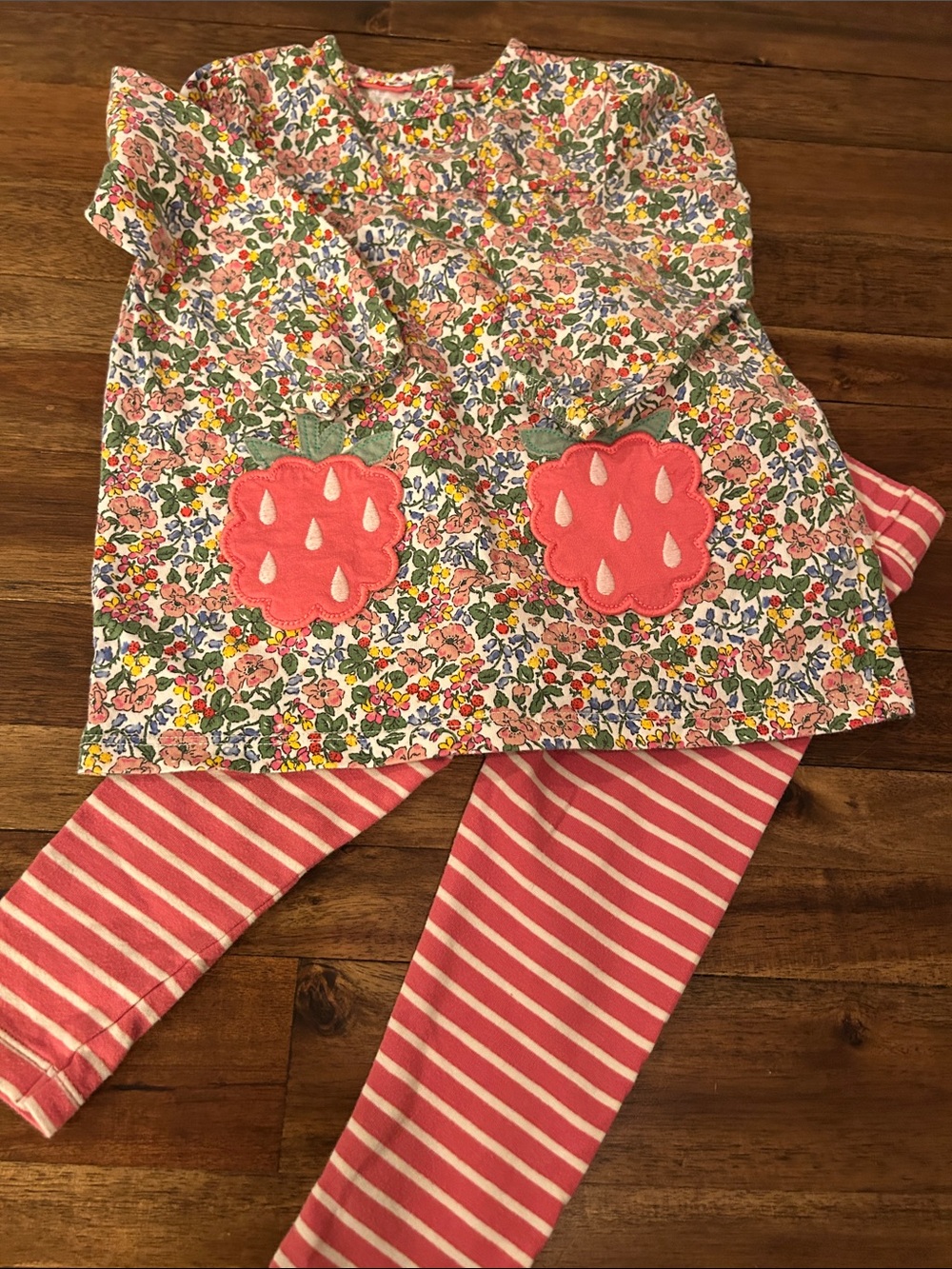 Boden Pink Floral Top with Strawberry Pocket Appliqués and Pink Striped Leggings